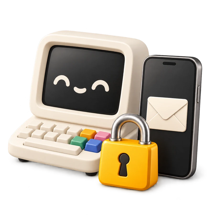 A smiling desktop computer, a phone and a padlock.